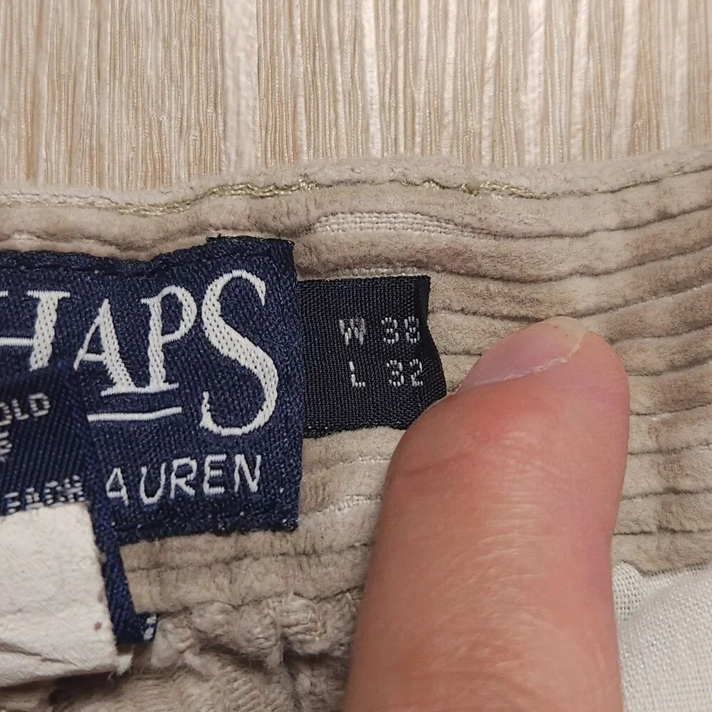 VTG Chaps Ralph Lauren Corduroy Pants Mens 38x32(36x30) Beige Cuffed Casual 90s
